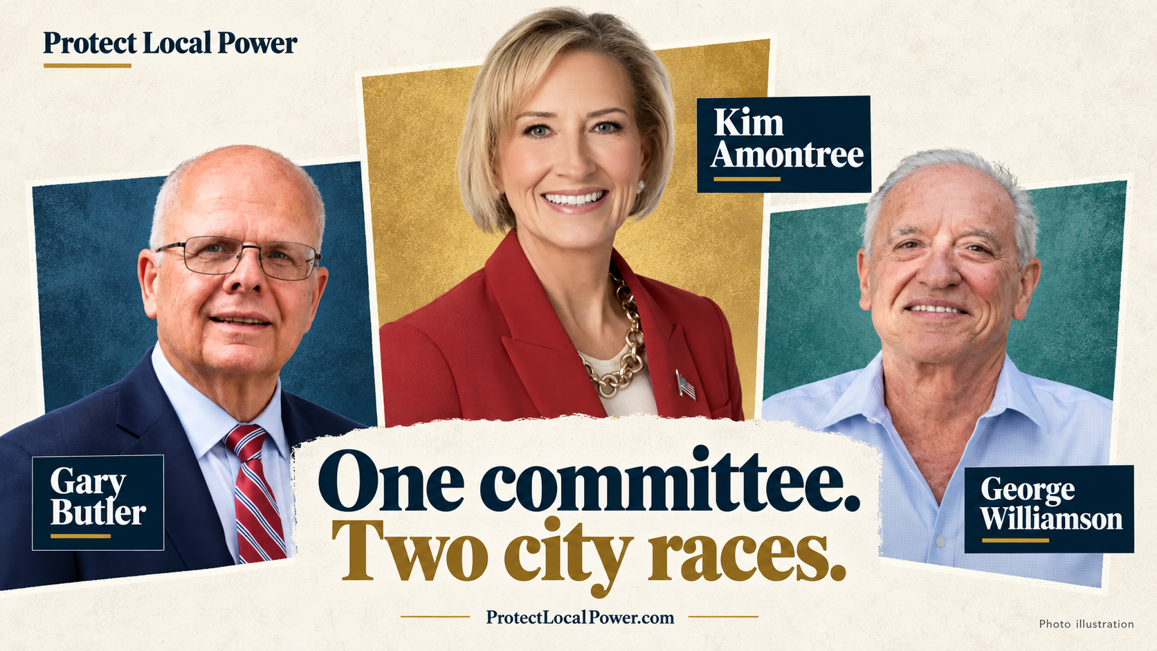 Photo illustration showing Kim Amontree above Gary Butler and George Williamson, titled One committee. Two city races.