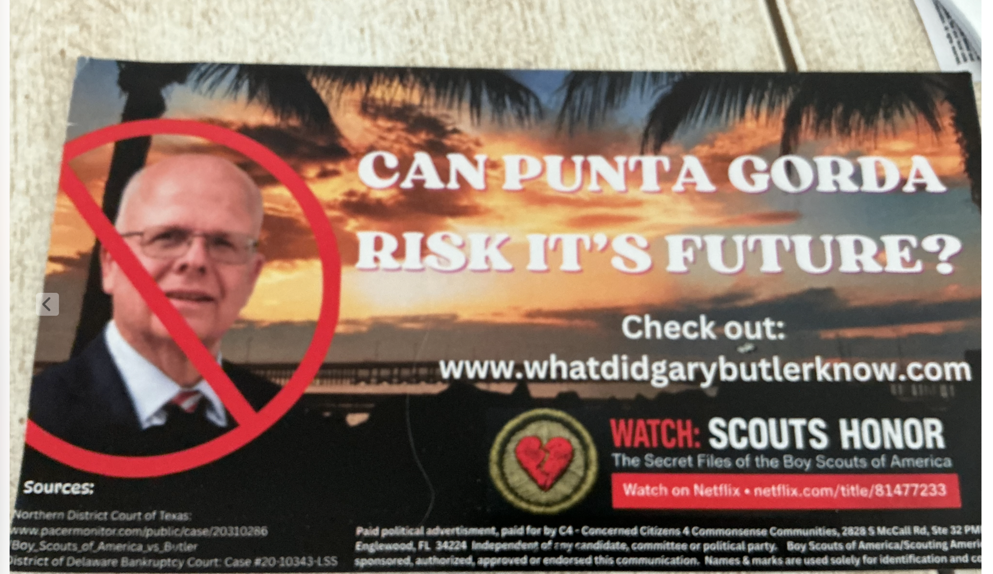 Postcard critical of Gary Butler